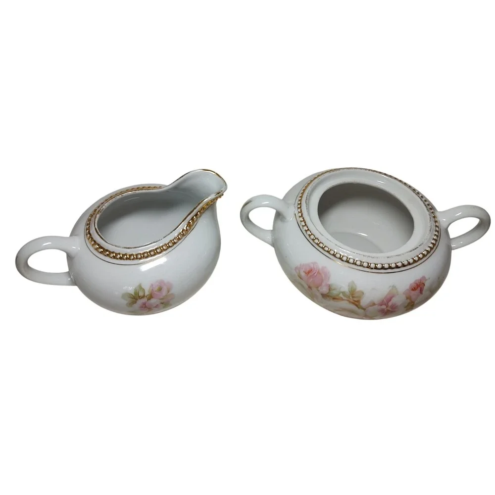 Antique PK Silesia Creamer and Covered Sugar Bowl Floral Rose Gold‎ Trim Poland